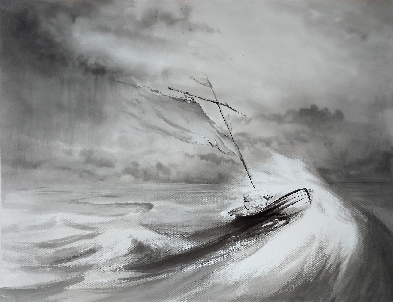Un voilier penché affronte une vague sous un ciel d’orage, à l’encre noire et grise.