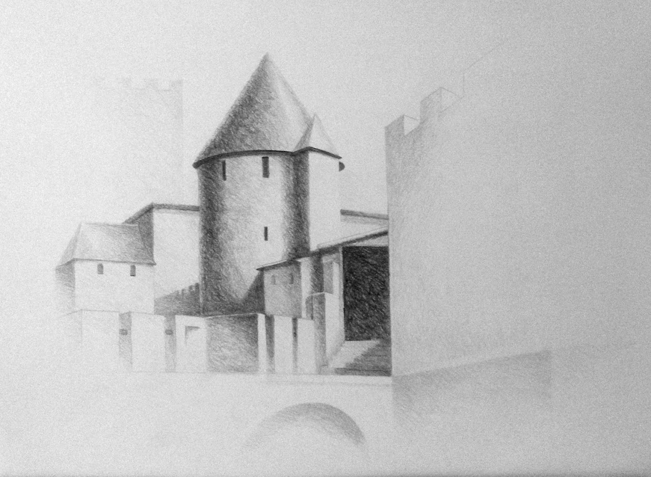 Château en perspective dessiné en valeurs de gris.