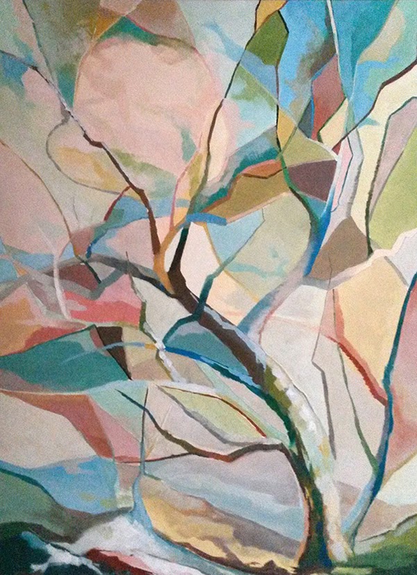 Composition abstraite colorée autour d’un arbre aux branches déployées.