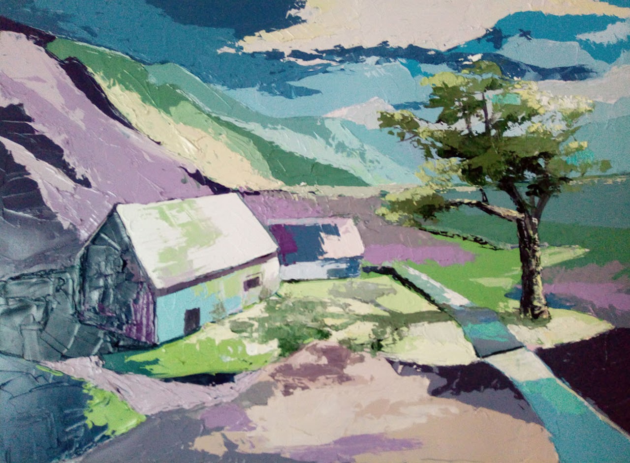 Paysage coloré avec des maisons, des arbres et des montagnes.