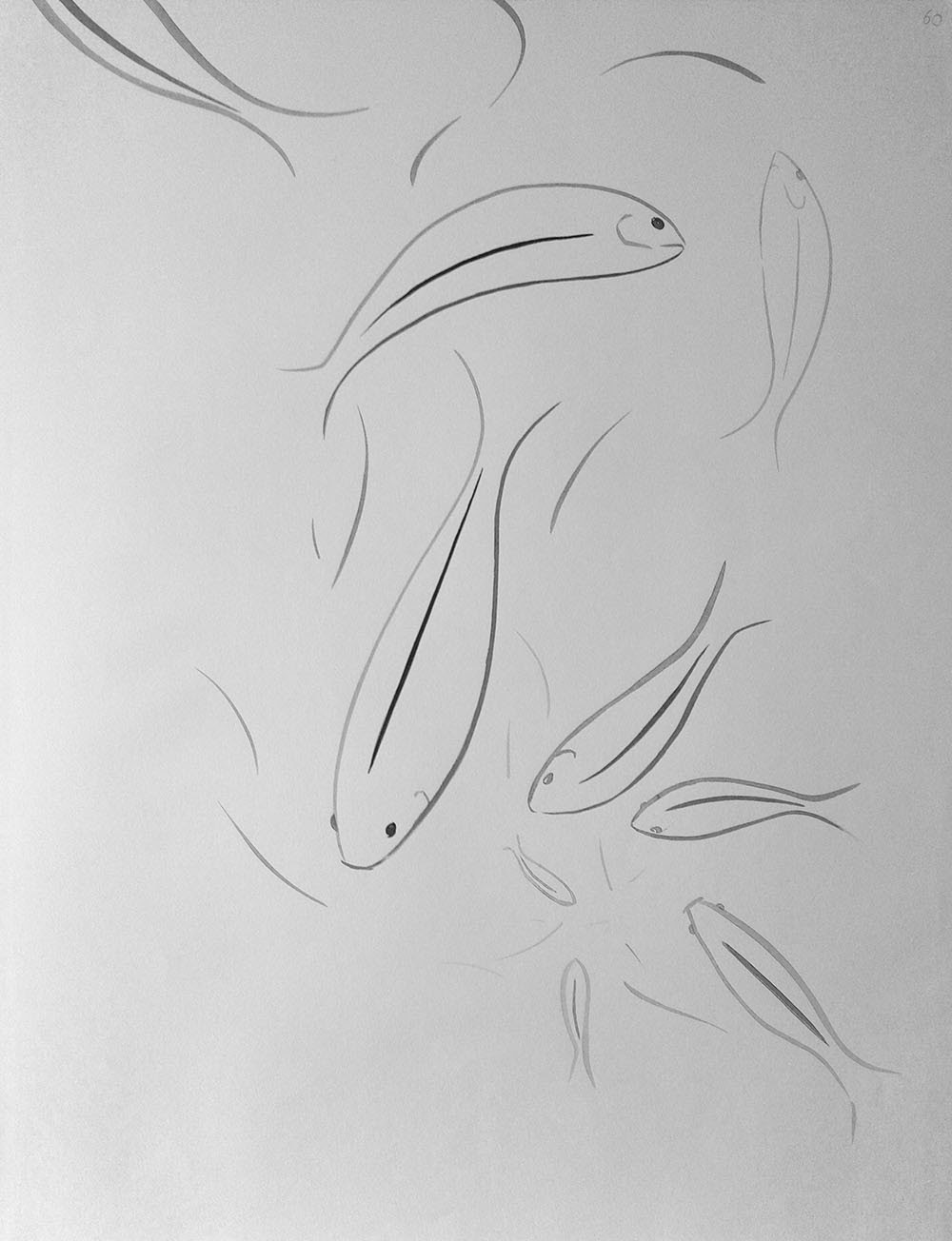 Poissons dessinés au trait dans une composition verticale.