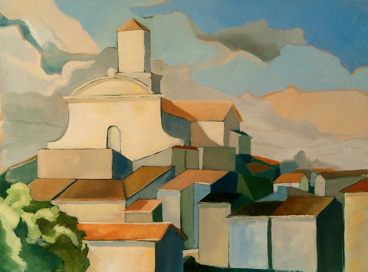 Village aux bâtiments géométriques dans des tons ocre, bleus et verts.